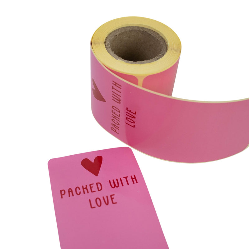 100x sluitsticker 'Packed with love' Roze-Rood