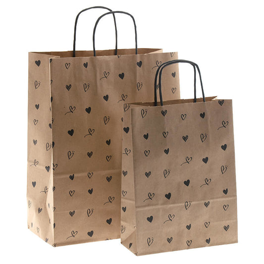 50x papieren tasjes Bruin + Hartjes A4