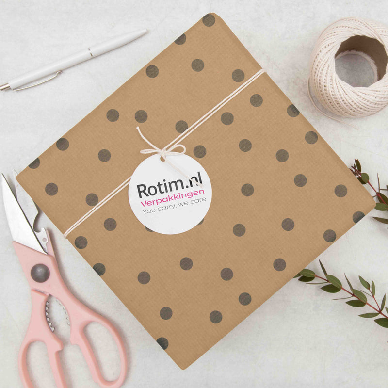 Inpakpapier Bruin kraft zwart effen + stippen 30cm x 200mtr